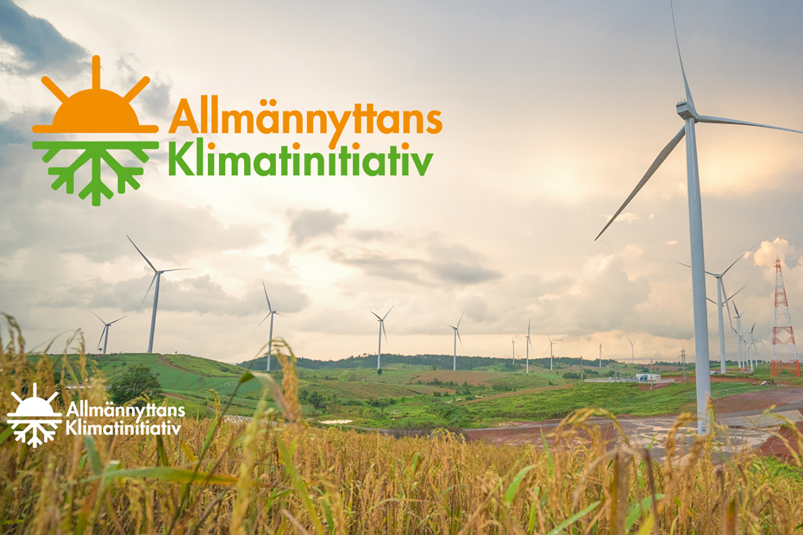 Vindkraftverk och logotyp med text Allmännyttans Klimatinitiativ